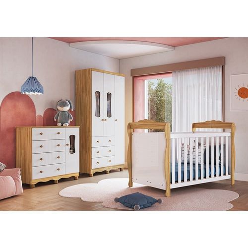 Quarto de Bebê Berço 3 em 1, Guarda-roupa e Cômoda com Janelas 100% MDF Aurora Espresso Móveis Branco Brilho/Amêndoa