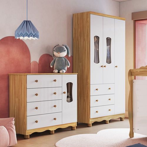 Quarto Infantil com Guarda-roupa 3 Portas e Cômoda com Janelas 100% Mdf Lana Espresso Móveis Branco Brilho/Amêndoa