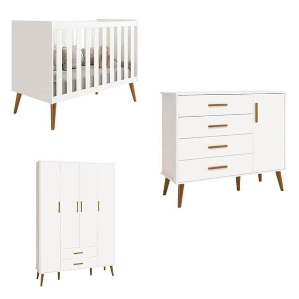 Quarto de bebê Completo com Guarda Roupa 4 portas 2 gavetas, Cômoda Sapateira 4 gavetas e 1 Porta e Berço Isis Branco