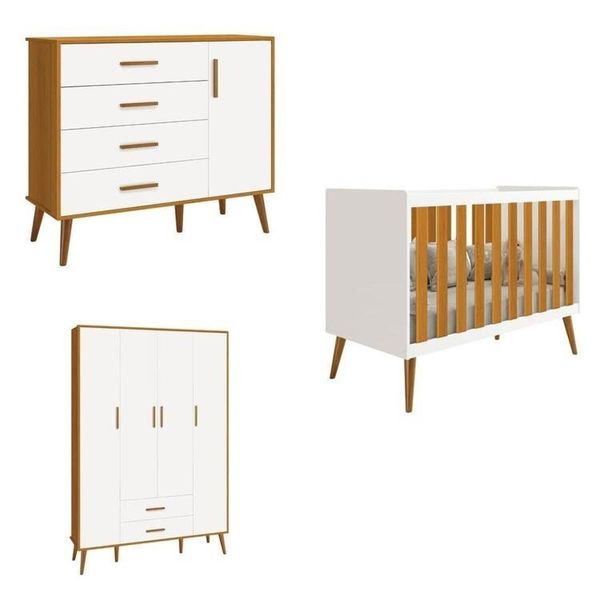 Quarto de Bebê Completo com Guarda Roupa 4 Portas 2 Gavetas, Cômoda Sapateira 4 Gavetas e 1 Porta e Branco/Savana