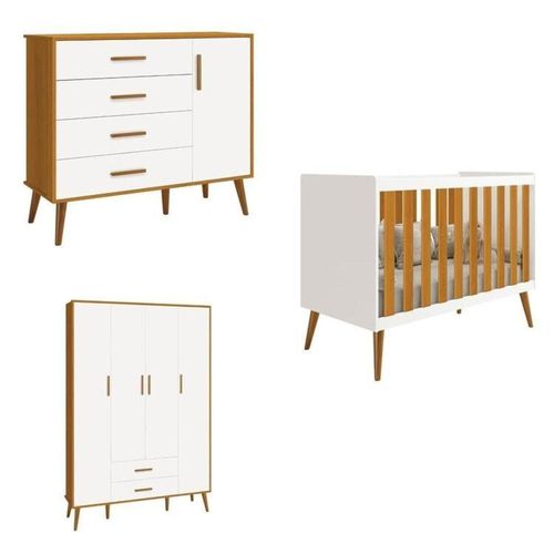 Quarto de Bebê Completo com Guarda Roupa 4 Portas 2 Gavetas, Cômoda Sapateira 4 Gavetas e 1 Porta e Branco/Savana