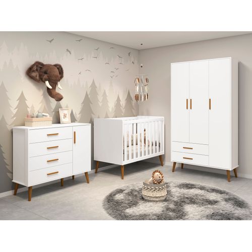 Quarto de Bebê Completo com Guarda Roupa 3 Portas 2 Gavetas, Cômoda 4 Gavetas e Berço Isis Branco