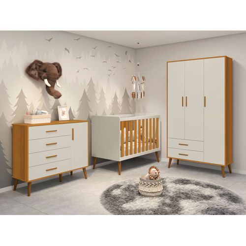 Quarto de bebê Completo com Guarda Roupa 3 portas 2 gavetas, Cômoda 4 gavetas e Berço Isis Areia/Savana
