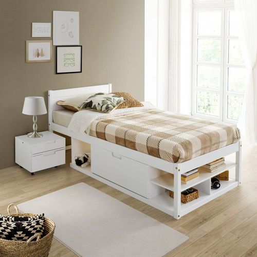 Cama Solteiro Multifuncional Madeira Maciça Irara CabeCasa MadeiraOriginals Branco Lavado