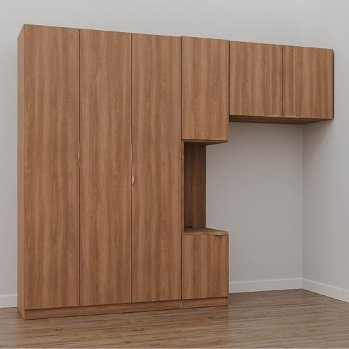Guarda-Roupa Modulado Solteiro com Mesa de Cabeceira 7 Portas 3 Peças Hera CabeCasa MadeiraOriginals Louro/Cromado