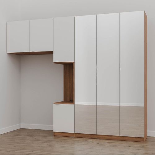 Guarda-Roupa Modulado Solteiro 7 Portas Espelho e Mesa de Cabeceira Hera CabeCasa MadeiraOriginals Louro/Algodão/Cromado