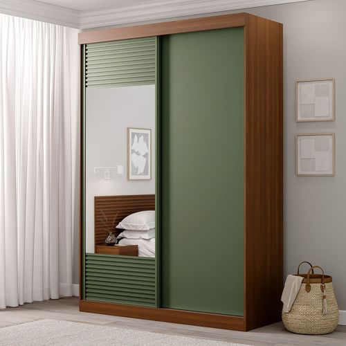 Guarda-Roupa Solteiro 2 Portas 1 Porta com Espelho Samambaia CabeCasa MadeiraOriginals Freijó/Verde