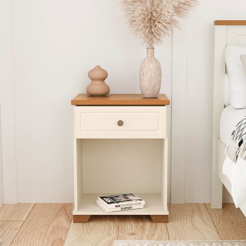 Mesa de Cabeceira 1 Gaveta e Nicho Ananda CabeCasa MadeiraOriginals Branco Off-White/Mel Off-white/Mel