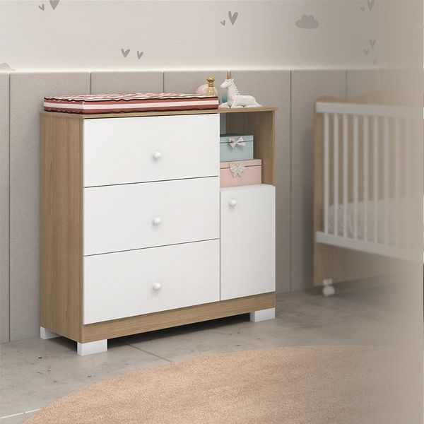 Cômoda Infantil Flofy com Pés, 1 Porta, 3 Gavetas com Corrediças Telescópica Naturalle