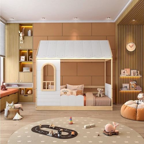 Cama Montessoriana Casinha com Led e Janela New Garden Casatema Branco/Natural
