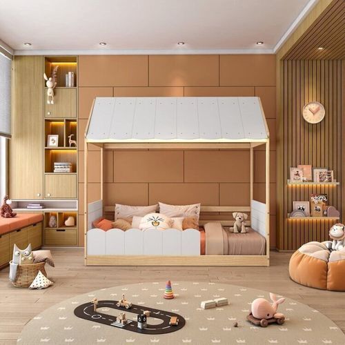 Cama Montessoriana Casinha com Led e grade New Garden Casatema Branco/Natural