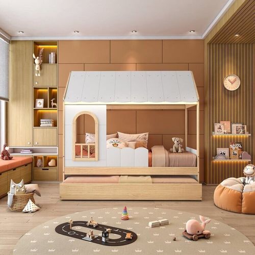 Bicama Infantil Casinha com Led e Janela New Garden Casatema Branco/Natural
