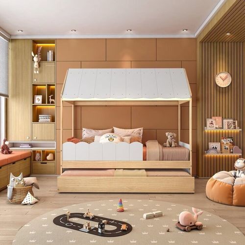 Bicama Infantil Casinha com Led e Grade New Garden Casatema Branco/Natural