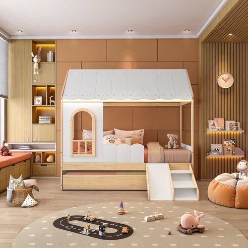 Bicama Infantil Casinha com Led, Janela e Escadinha New Garden Casatema Branco/Natural