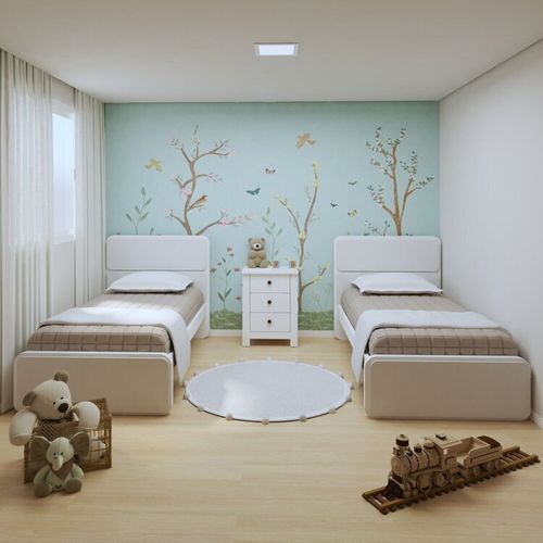 Quarto Infantil com 2 Camas de Solteiro Loop e 1 Mesa de Cabeceira Maggiore Branco