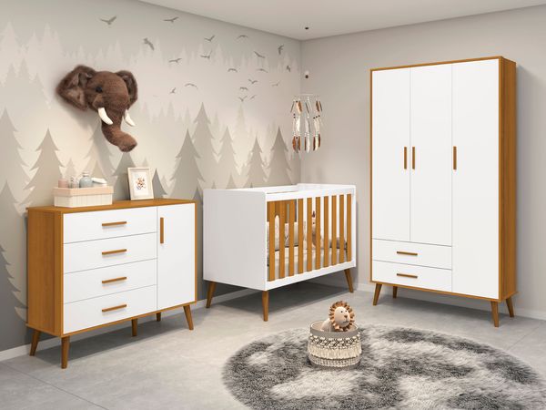 Quarto de bebê Completo com Guarda Roupa 3 portas 2 gavetas, Cômoda 4 gavetas e Berço Isis Branco/Savana