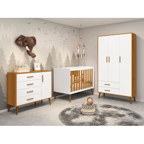 Quarto de bebê Completo com Guarda Roupa 3 portas 2 gavetas, Cômoda 4 gavetas e Berço Isis Branco/Savana