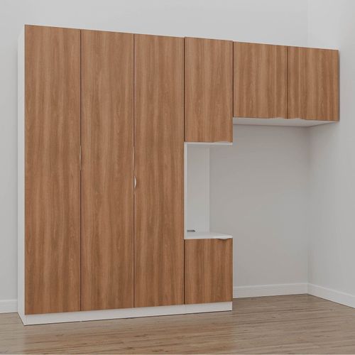 Guarda-Roupa Modulado Solteiro com Mesa de Cabeceira 7 Portas 3 Peças Hera CabeCasa MadeiraOriginals Algodão/Louro/Cromado