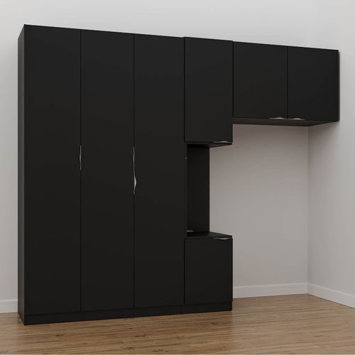Guarda-Roupa Modulado Solteiro com Mesa de Cabeceira 7 Portas 3 Peças Hera CabeCasa MadeiraOriginals Preto/Cromado