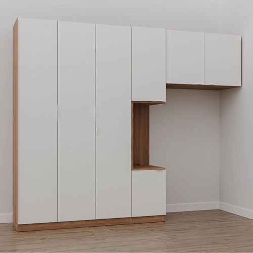 Guarda-Roupa Modulado Solteiro com Mesa de Cabeceira 7 Portas 3 Peças Hera CabeCasa MadeiraOriginals Louro/Algodão/Cromado