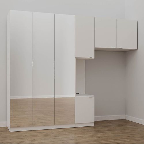 Guarda-Roupa Modulado Solteiro 7 Portas Espelho e Mesa de Cabeceira Hera CabeCasa MadeiraOriginals Algodão/Cromado
