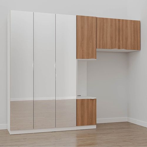 Guarda-Roupa Modulado Solteiro 7 Portas Espelho e Mesa de Cabeceira Hera CabeCasa MadeiraOriginals Algodão/Louro/Cromado