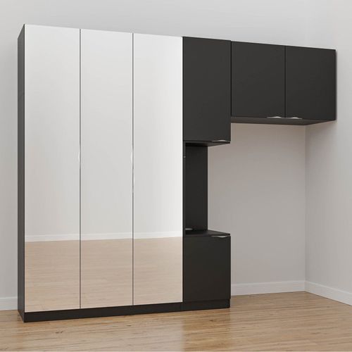 Guarda-Roupa Modulado Solteiro 7 Portas Espelho e Mesa de Cabeceira Hera CabeCasa MadeiraOriginals Preto/Cromado