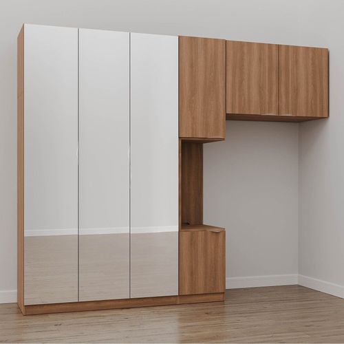 Guarda-Roupa Modulado Solteiro 7 Portas Espelho e Mesa de Cabeceira Hera CabeCasa MadeiraOriginals Louro/Cromado