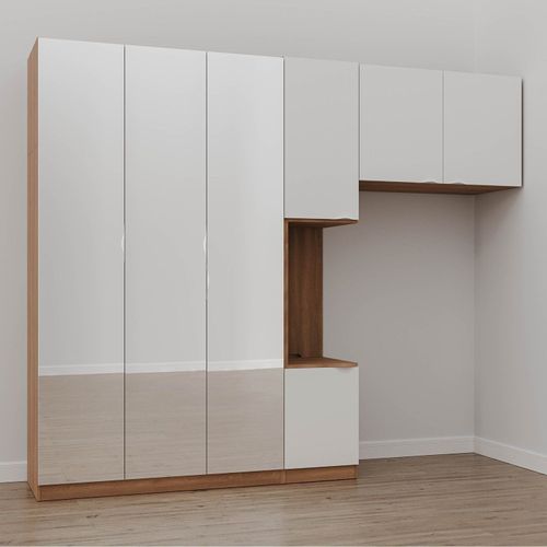 Guarda-Roupa Modulado Solteiro 7 Portas Espelho e Mesa de Cabeceira Hera CabeCasa MadeiraOriginals Louro/Algodão/Cromado