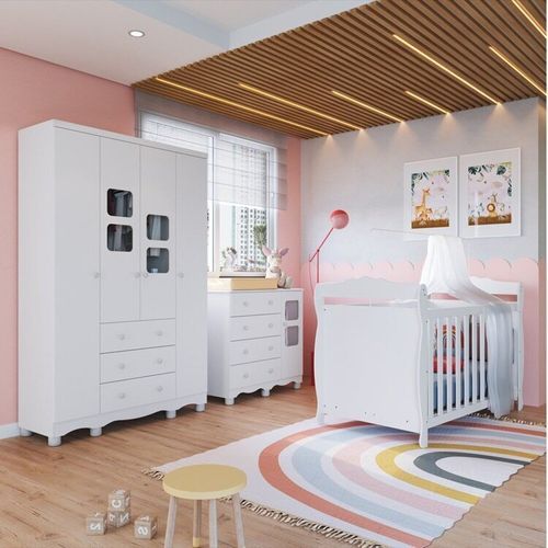 Quarto de Bebê Berço 3 em 1, Guarda-roupa e Cômoda com Janelas 100% MDF Nina Espresso Móveis Branco Brilho