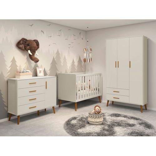 Quarto de Bebê Completo com Guarda Roupa 3 Portas 2 Gavetas, Cômoda 4 Gavetas e Berço Isis Areia