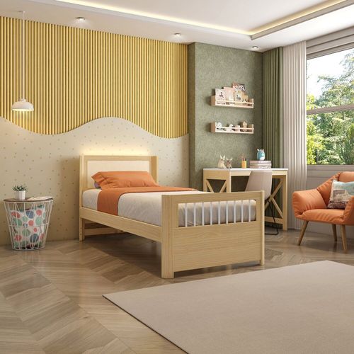 Cama Solteiro Evolutiva Wave Juvenil em Rattan com Led Casatema Natural/Branco