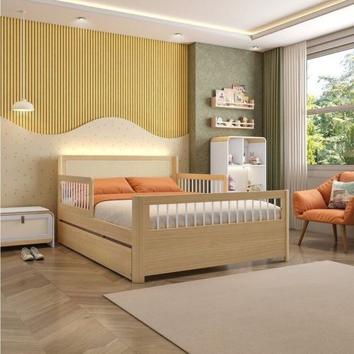Bicama Casal Infantil Reversível em LED com Rattan e Grade Palito Wave Casatema Branco/Natural