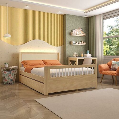 Bicama Casal Wave Juvenil Reversível em LED com Rattan, Peseira Palito Casatema Branco/Natural