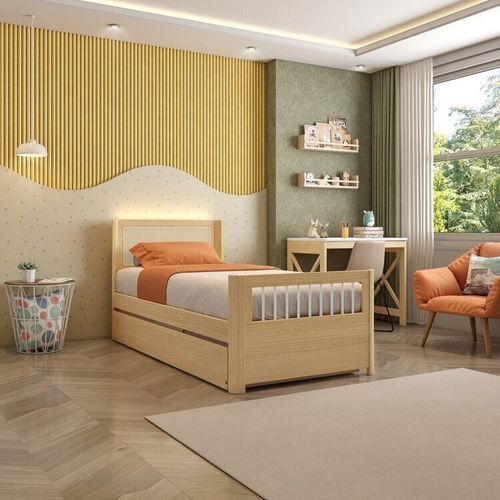 Bicama Solteiro Wave Juvenil Reversível em Led com Rattan, Peseira Palito Casatema Natural/Branco