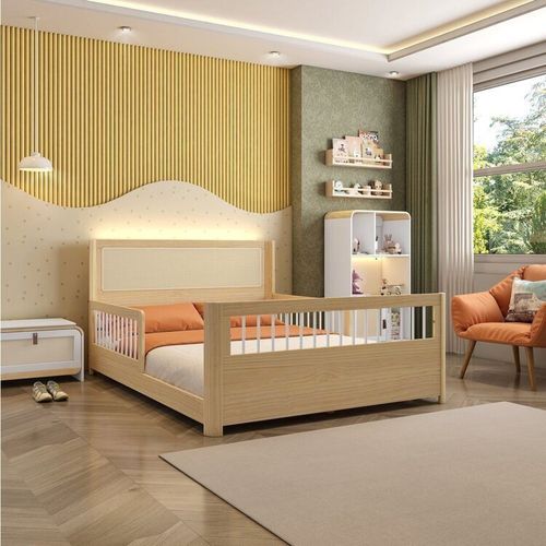 Cama Casal Montessoriana Evolutiva Led com Rattan, Grade em Palitos Wave Casatema Natural