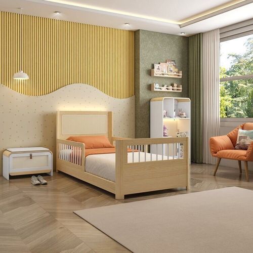 Cama Infantil Montessoriana Reversível Led Rattan e Grade de Proteção Wave Casatema Natural