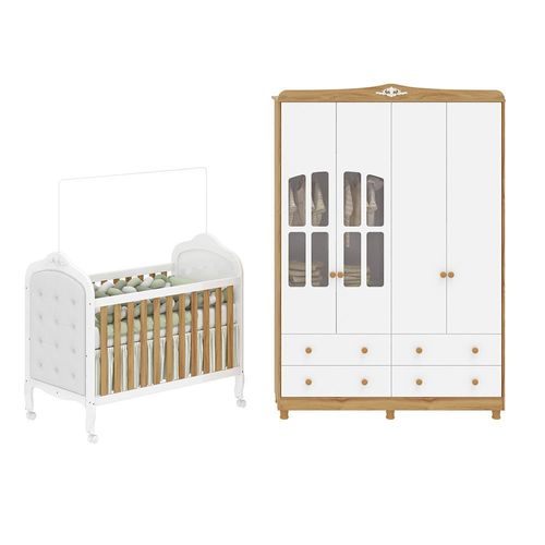 Quarto de Bebê Guarda-roupa com Janelas e Berço com Capitonê Maya Clássico 100% Mdf Espresso Móveis Branco Brilho/Amêndoa/Branco