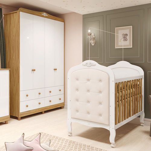Quarto de Bebê com Guarda-roupa e Berço com Capitonê 100% Mdf Maya Clássico Espresso Móveis Branco Brilho/Amêndoa