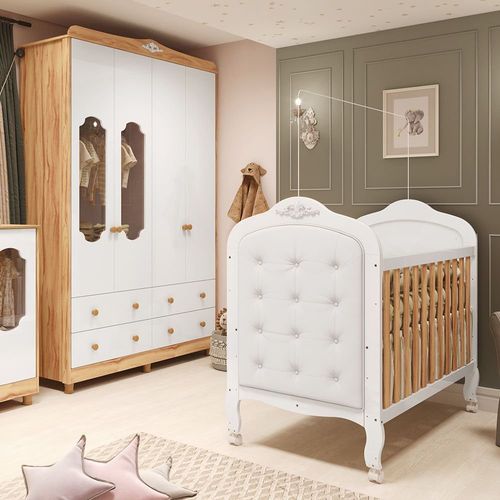 Quarto de Bebê com Guarda-roupa com Janelas e Berço com Capitonê Maya Provençal Yescasa Branco Brilho/Amêndoa