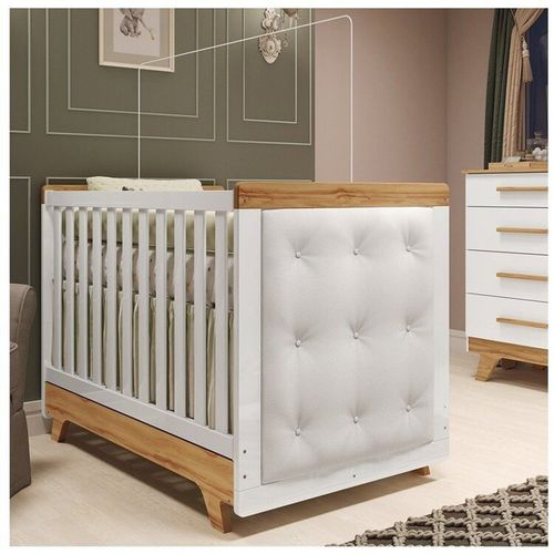 Berço Minicama com Capitonê 100% Mdf Retrô Kakau Espresso Móveis Branco Brilho/Amêndoa/Branco