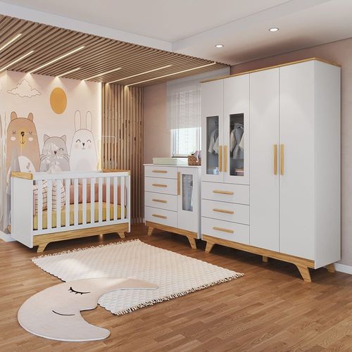 Quarto de Bebê com Berço Guarda-roupa e Cômoda com Janelas 100% Mdf Retrô Kakau Espresso Móveis Branco Brilho/Amêndoa