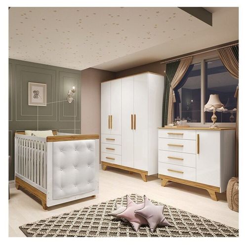 Quarto de Bebê Berço com Capitonê Guarda-roupa e Cômoda 100% Mdf Retrô Kakau Yescasa Branco Brilho/Amêndoa/Branco
