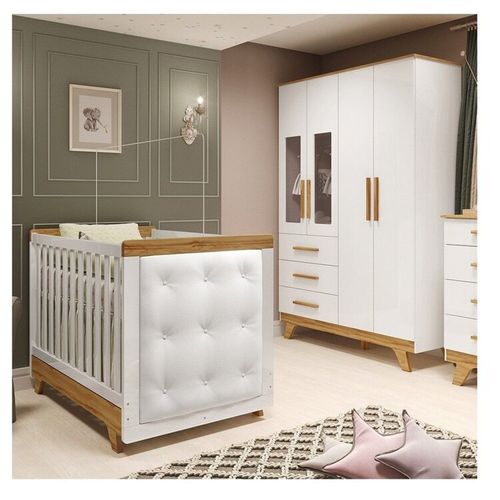 Quarto de Bebê Berço com Capitonê e Guarda-roupa com Janelas 100% Mdf Retrô Kakau Espresso Móveis Branco Brilho/Amêndoa/Branco