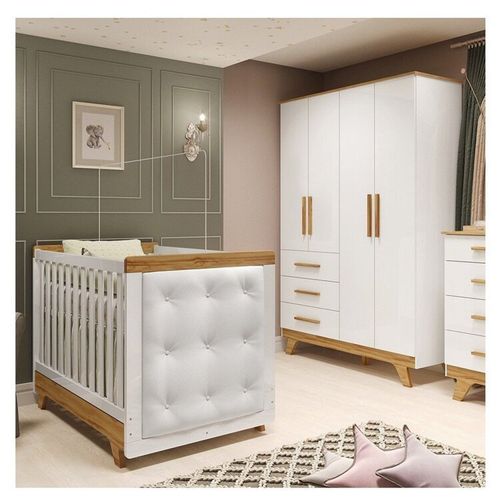 Quarto de Bebê Berço com Capitonê e Guarda-roupa 100% Mdf Retrô Kakau Yescasa Branco Brilho/Amêndoa/Branco