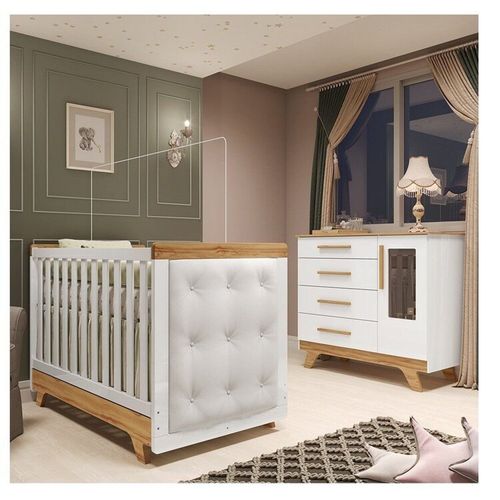 Quarto de Bebê Berço com Capitonê e Cômoda com Janelas 100% Mdf Retrô Kakau Espresso Móveis Branco Brilho/Amêndoa/Branco