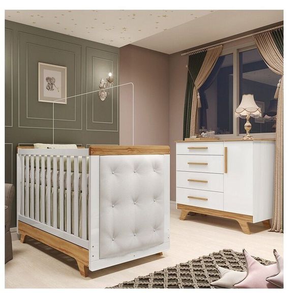 Quarto de Bebê Berço com Capitonê e Cômoda 100% Mdf Retrô Kakau Yescasa Branco Brilho/Amêndoa/Branco