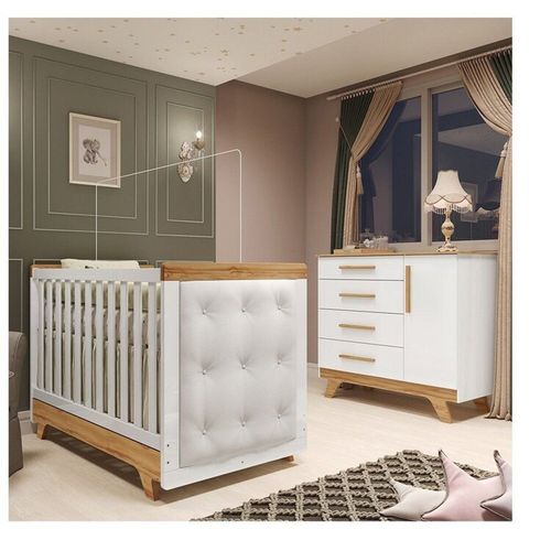 Quarto de Bebê Berço com Capitonê e Cômoda 100% Mdf Retrô Kakau Yescasa Branco Brilho/Amêndoa/Branco