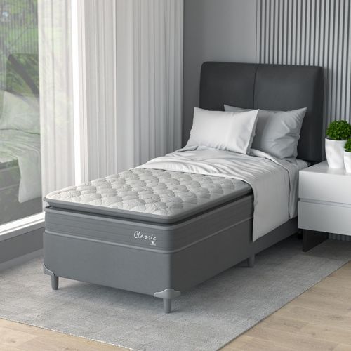Cama Box Solteiro D40 Classic C Pillow 88x188x50cm Branco/Cinza Montreal Branco/Cinza