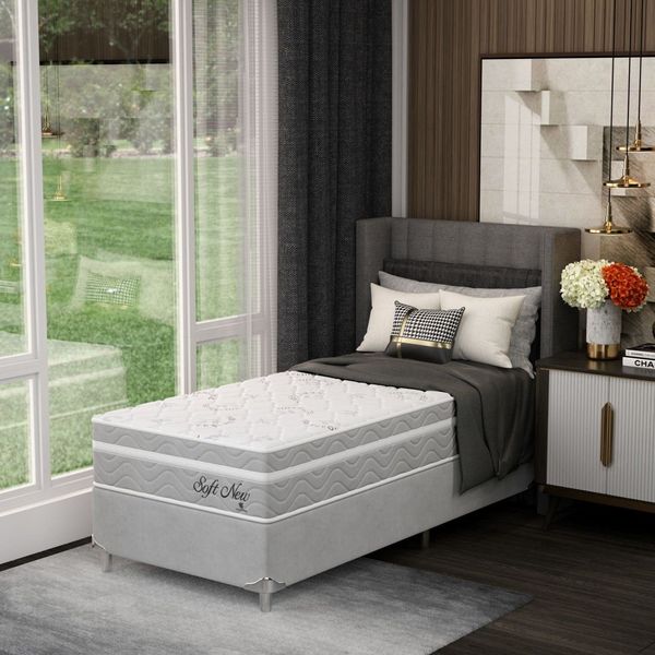 Cama Box Solteiro Mola Ensacada 78CMX61CMX188CM Soft New Montreal Cinza Cinza